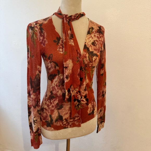 LOFT Red-Orange Floral Sweater with Neck Tie – Size S - Picture 3 of 6